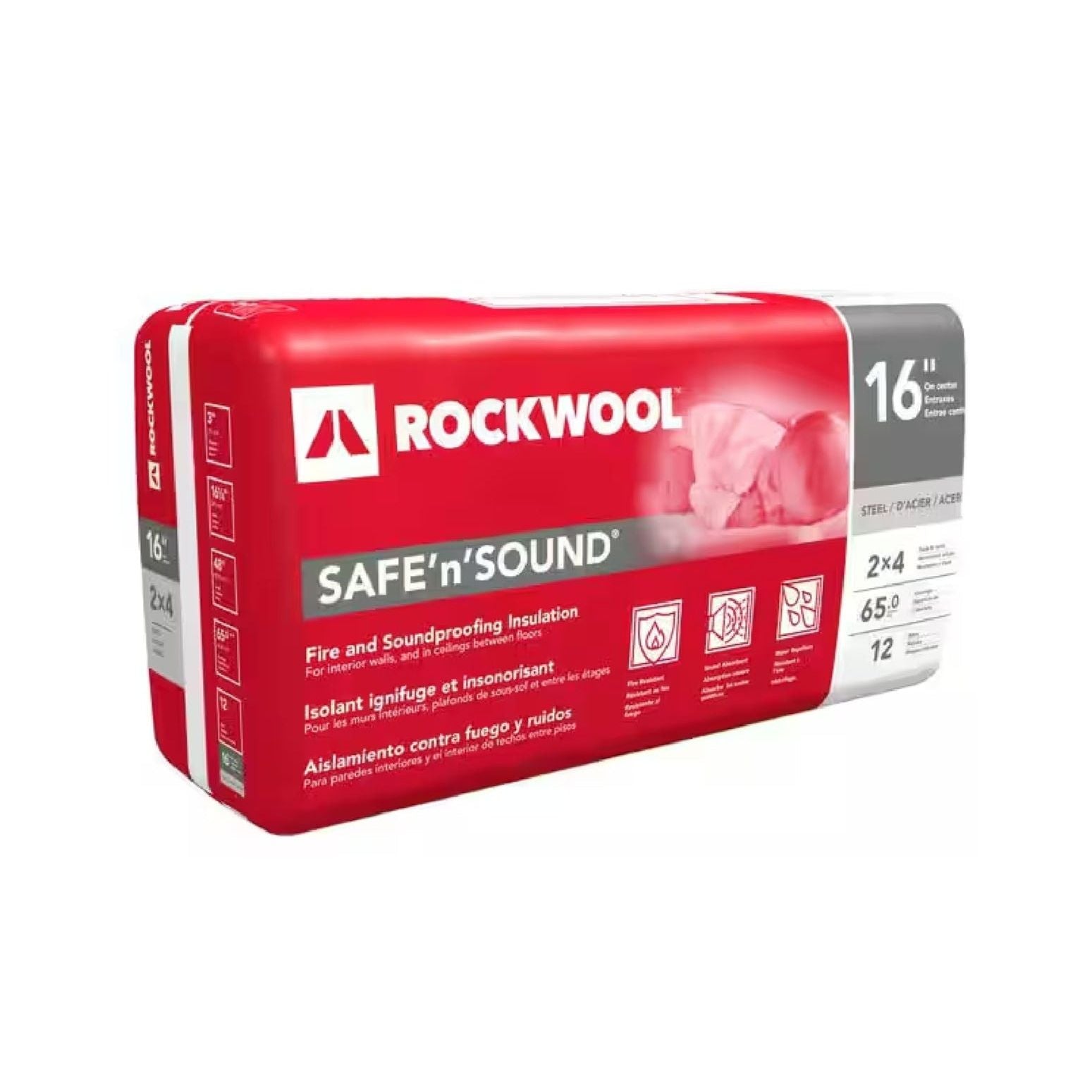 A red and white Rockwool package labeled RXSS31625 Safe n Sound 3 in. x 16-1/4 in. x 48 in., fire-resistant and soundproofing stone wool insulation batt (65 sq.ft.), with icons and details for 2x4 walls on the front.